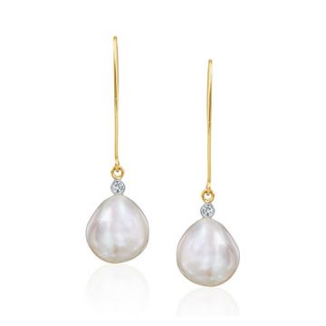 Mazza Co 18k Yellow Gold Fresh Water Pearl and Diamond Drop Earrings