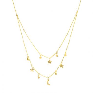 Midas 14k Yellow Gold Diamond Double Strand Dangle Star and Moon Necklace