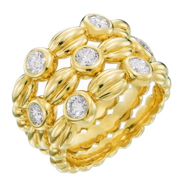 Gumuchian Nutmeg 18k Yellow Gold Alternating Diamond Three Row Ring